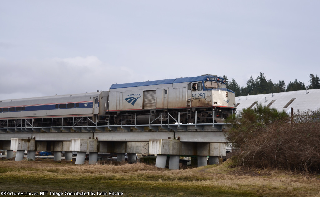 AMTK NPCU 90250 leading a short re-certification train S/B over the Mud Bay Crossing